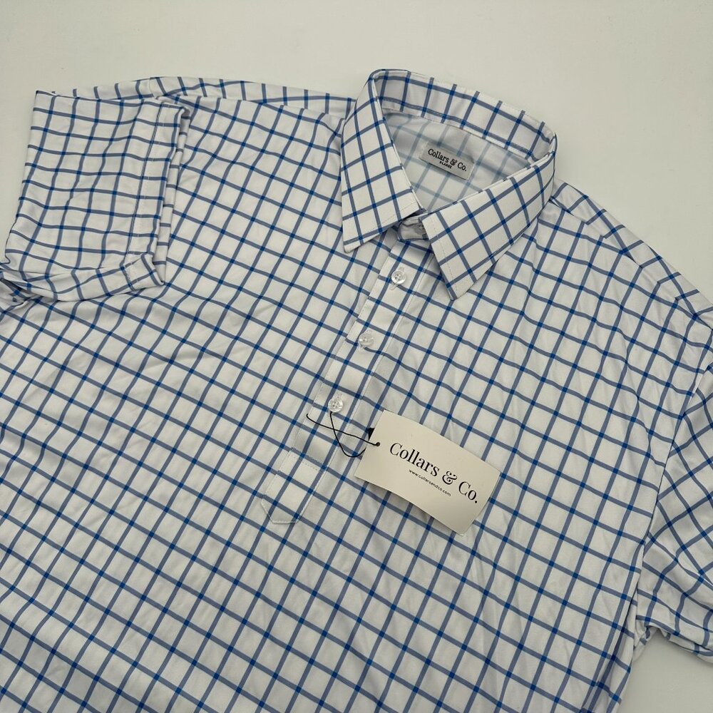 Collars & Co Men's English-Spread Collar Dress‎ Polo, Size XL, Blue Grid Check